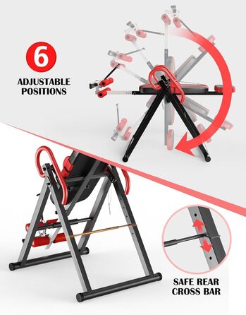 Регульований/складаний інверсійний стіл YOLEO з потрійним блокуванням безпеки, гравітаційний тренажер з ременем безпеки для терапії та полегшення болю в спині/шиї, червоний