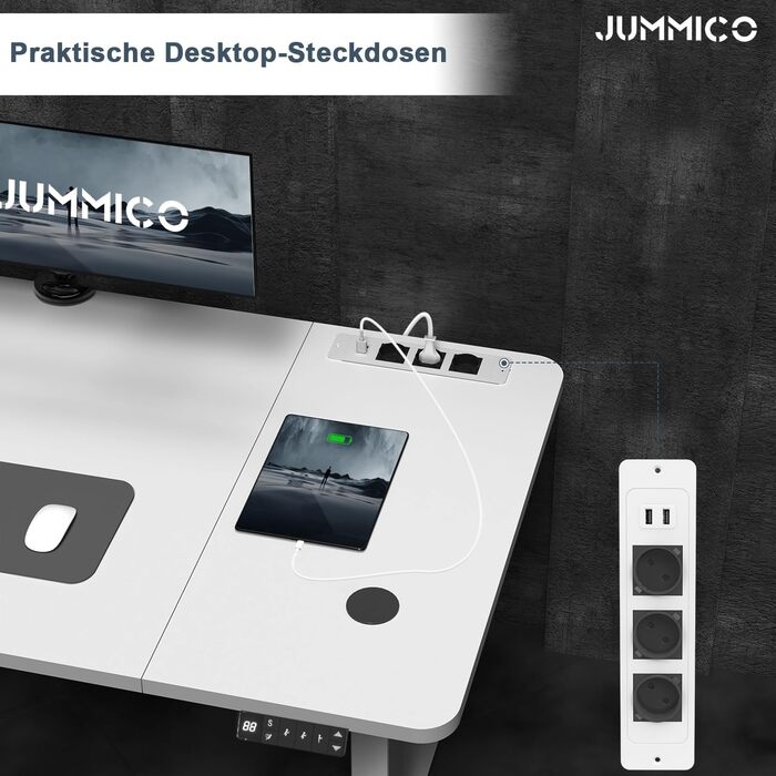 Регульований по висоті письмовий стіл JUMMICO (140x70 см) з бездротовою зарядною станцією, білий