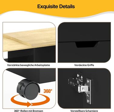 Барний стіл з місцем для зберігання, кухонний острів з висувною стільницею та функцією повороту на 360, рухомий бічний столик з тристоронніми полицями та 2 шухлядами, кавова барна стійка, чорний, 115x50x92 см A-чорнийнатуральний