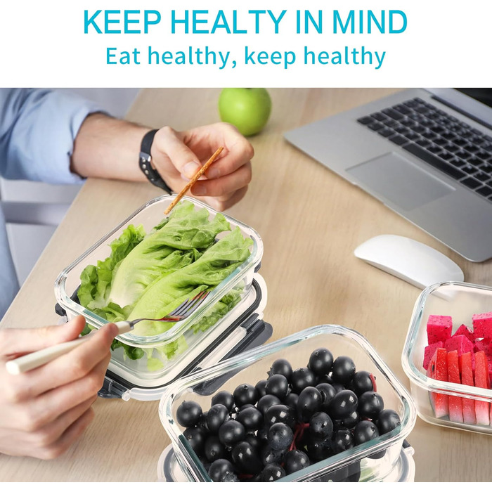 Скляні контейнери для зберігання продуктів Skroam, 20 шт. , 640 мл 10 контейнерів 10 кришок - Контейнери для приготування їжі - Прозорі кришки - для домашньої кухні або ресторану, сірі