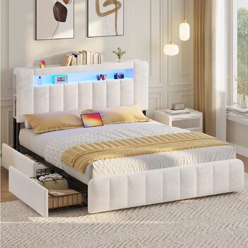 М&39яке ліжко 140x200 см з місцем для зберігання - 4 шухляди, Дитяче ліжко зі світлодіодним освітленням та зарядною станцією, Двоспальне ліжко з оксамитовим узголів&39ям, Ліжко 140x200 з рейковим каркасом - Матрац не входить до комплекту, Бежевий оксамит 