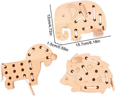 Загальна дитяча іграшка для нанизування Набір з 3 мереживних блок-пазлів Дерев'яні фігурні іграшки для шнурівки, навчальні головоломки для нанизування з мотузками, веселий навчальний інструмент для розвитку дрібної моторики тварини
