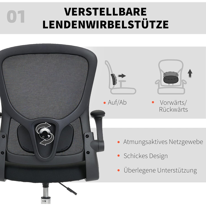 Офісний стілець HOMCOM Ергономічне робоче крісло з відкидними підлокітниками, регульованим кільцем для ніг та 4D поперековою опорою, регульоване за висотою поворотне крісло для малювання з сітчастою тканиною, чорний колір