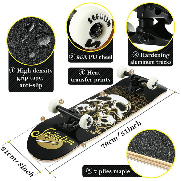 Скейтборд для дорослих повна дошка 31 x 8 дюймів з кульковими підшипниками ABEC-7 7-шаровий клен для початківців дітей та дорослих
