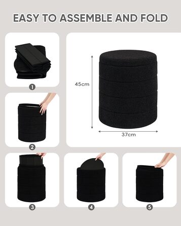 Табурет PINPLUS з місцем для зберігання, кругла коробка для зберігання з кришкою, складна підставка для ніг, м&39який табурет з місцем для зберігання Ø 37x45 см для вітальні, спальні та коридору, чорний 37Г x 37Ш x 45В см