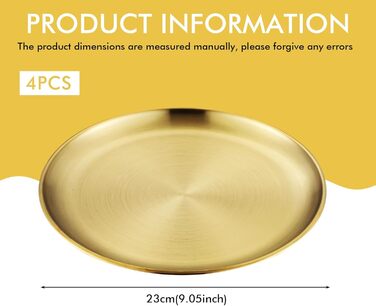 Набір з 4 золотих підносів, діаметр 23 см Сервірувальні підноси з нержавіючої сталі 201, декоративні тарілки золотого кольору, круглі підноси для кухні, ресторану, кафе, кемпінгу та вечірок