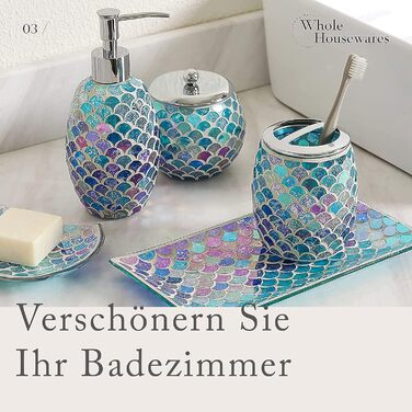 Набір скляних аксесуарів для ванної кімнати Whole Housewares Мозаїка, 5-PLG. - Дозатор для мила, туалетний столик, тримач для зубної щітки, піднос і мильниця - Скляне приладдя для ванної кімнати, синій - Набір приладдя для ванної кімнати 5 шт. синій