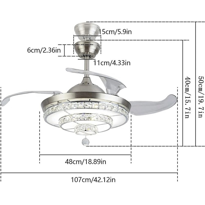 Тихий стельовий вентилятор кришталеві стельові вентилятори зі світлом, сучасні висувні лопаті, люстра, світлодіодний стельовий вен