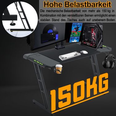 Ігровий стіл 120x60 см Комп&39ютерний стіл з гачком для навушників та підставкою для склянок, міцний ігровий стіл Z-подібної форми для домашнього офісу (тип B, зі світлодіодним підсвічуванням)