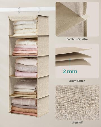 Підвісний органайзер SONGMICS, набір з 2 шт. , органайзер для шафи, підвісна полиця, підвісне місце для зберігання, складаний та компактний, металеві гачки та бамбукові вставки, текстура, що нагадує лляну тканину, пісочно-бежевий RCH005Y02 Пісочно-бежевий