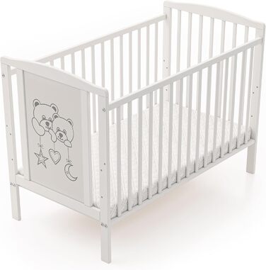 Звичне дерев&39яне дитяче ліжко 60120 см Модель Два ведмеді біле з бар&39єром для перетворення 3-позиційна регульована по висоті рейкова основа знімні бруски без матраца. Дитяче ліжко
