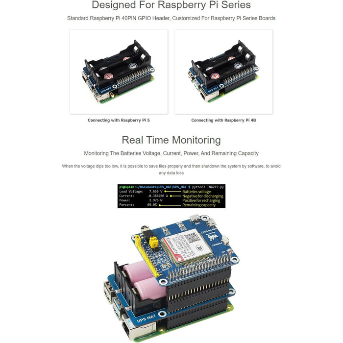 ДБЖ Waveshare HAT Сумісний з джерелом безперебійного живлення Raspberry Pi 5 В Схеми захисту кількох акумуляторів Одночасний заряд і вихідна потужність ДБЖ HAT (EN)