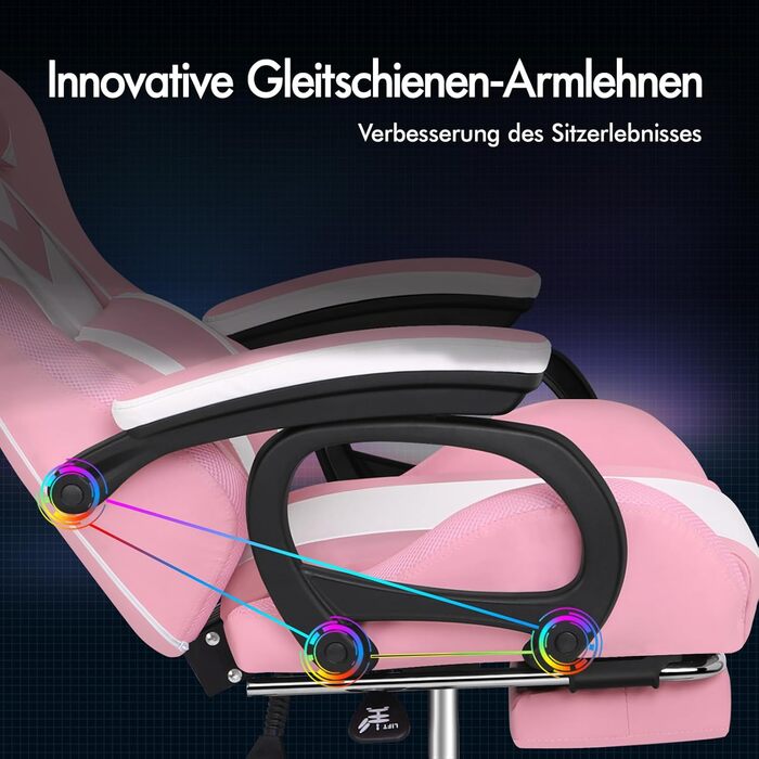 Ігрове крісло ALFORDSON, гоночне ігрове крісло зі світлодіодним RGB-підсвічуванням, масажне комп&39ютерне крісло з підставкою для ніг, ергономічне поворотне крісло з важільною спинкою, рожеве