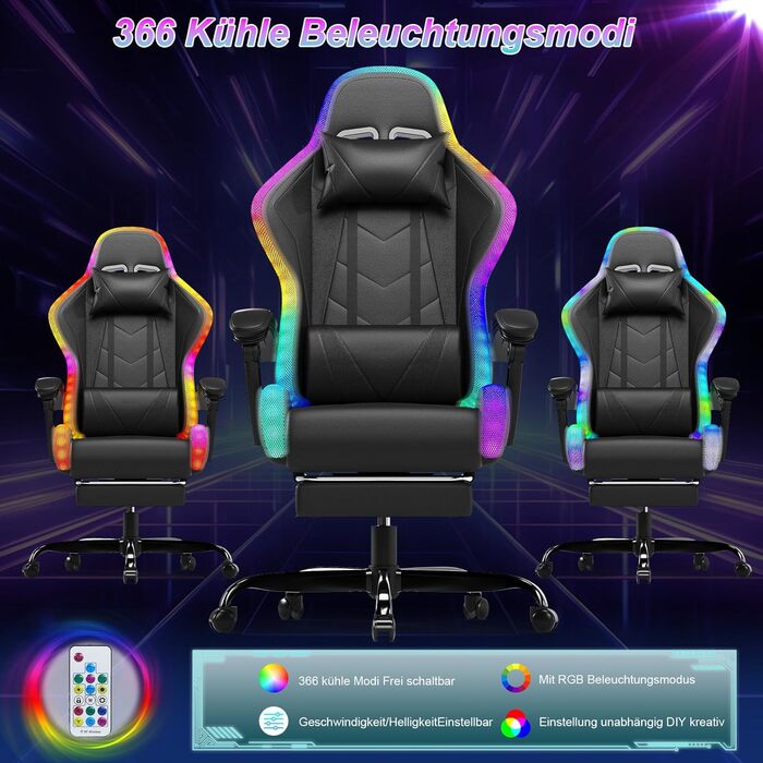 Геймерське крісло Devoko LED ергономічне офісне крісло з функцією масажу та телескопічною підставкою для ніг, регульована спинка (90-135), для геймерів вагою до 150 кг, дизайн, що не турбує очі, насичений чорний колір