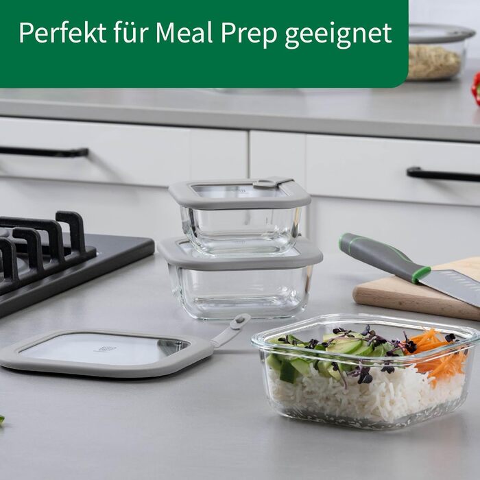 Набір контейнерів для зберігання FACKELMANN Chefkoch із 3 предметів із боросилікатного скла з вентиляційним клапаном 400 мл / 600 мл / 950 мл, герметичний та водонепроникний, підходить для використання в мікрохвильовій печі та духовці