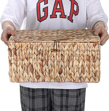 Натуральний кошик для зберігання речей з водяного гіацинта та морської трави. Плетена водонепроникна коробка для зберігання з кришкою. Для використання у вітальні, кухні, шафі для одягу, книг, фруктів, овочів та косметики. 40 x 28 x 19 см.