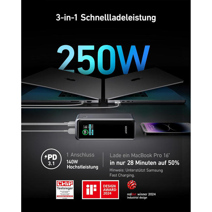 Портовий павербанк, Smart App Control, сумісний з MacBook Pro/Air, iPhone 15/14 Series, Galaxy, AirPods та іншими (зарядний кроншт