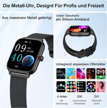 Розумний годинник для чоловіків та жінок, функція телефону, артеріальний тиск, пульс, сон, 1.96-дюймовий фітнес-годинник зі штучним інтелектом, понад 100 спортивних режимів, водонепроникність IP67, крокомір, будильник, калькулятор, візитна картка, iOS/And