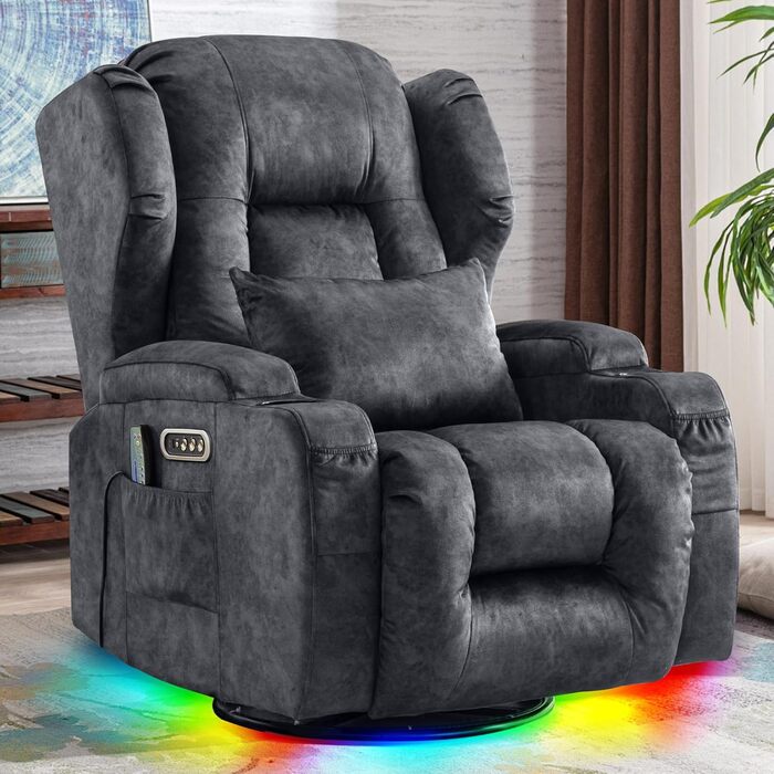 Моторне електричне регульоване крісло-реклайнер з функцією нахилу, поворотне крісло для телевізора з масажем та підігрівом, крісло для кінотеатру з USB/LED/Type C, до 150 кг (оксамитово-сірий, 1) Оксамитово-сірий 1, 2-