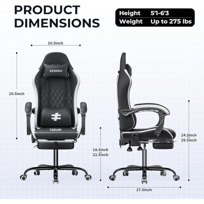 Ігрове крісло Seenda з тканинним кріслом для комп&39ютера з підставкою для ніг та поперековою опорою, регульована висота з підголівником, чорно-сіре