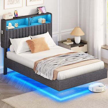 Металеве ліжко-семитуфля 90x200 см зі світлодіодним освітленням, включаючи рейковий каркас, плаваюча конструкція, стабільне та міцне, легке складання, сірого кольору без матраца сірого кольору 90 x 200 см