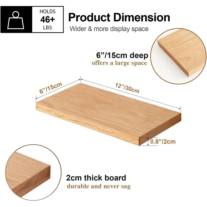 Плаваюча дерев&39яна полиця, настінна полиця дуб 30 см, комплект з 2 предметів, маленька полиця дубова настінна дошка, полиця для спецій, полиця для ванної кімнати, спальні, вітальні, кухні 30 см 2 шт. (натуральний дуб)