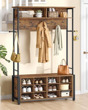 Вішалка для одягу Hzuaneri з лавкою для взуття, шафа з 13 гачками, 14 відкритими відділеннями, регульовані полиці, вішалка для одягу для коридору, вхідної зони, 31 x 108 x 187 см, вінтажний коричнево-чорний HT17901B