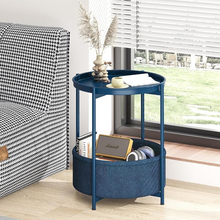 Круглий журнальний столик, маленький столик, металевий балконний столик, 2-ярусний диванний столик, журнальний столик з тканинним кошиком, тумбочка, столик для вітальні, журнальні столики для спальні, тераси, синій