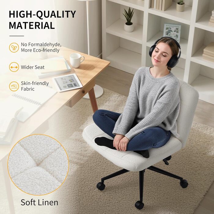 Офісне крісло Clevich без підлокітників, широке крісло з перехресним розташуванням сидіння, ергономічне крісло з регульованою висотою для домашнього офісу, кабінету, макіяжу, спальні (шерпа, білий)