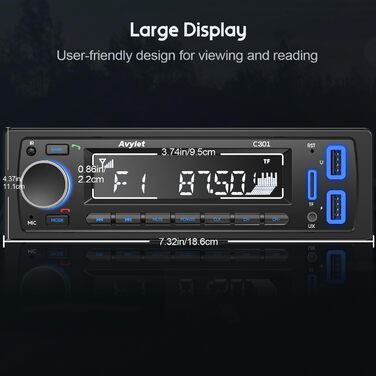 Автомобільна стереосистема Bluetooth 5.0, автомобільна стереосистема Avylet з Bluetooth гучного зв'язку, 7 кольорів FM-автомобільна стереосистема 1 Din з 2 USB/AUX/SD картою/MP3-плеєром