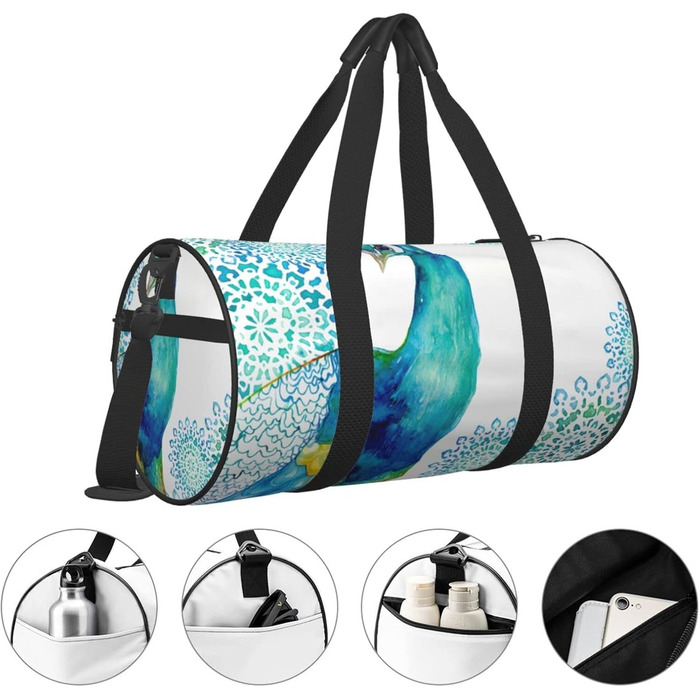 Спортивна сумка для подорожей, стильний принт з павичами та квітами, сумка на нічліг, чорний колір, універсальний розмір