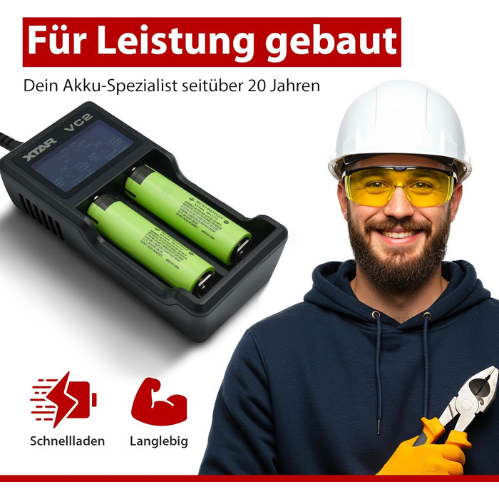 Зарядний пристрій XTAR VC2 з 2 відсіками, включаючи 2 літій-іонні акумулятори (3,45 Аг, живлення від USB - 3,6 В), елементи з піднятим позитивним виводом, незахищені