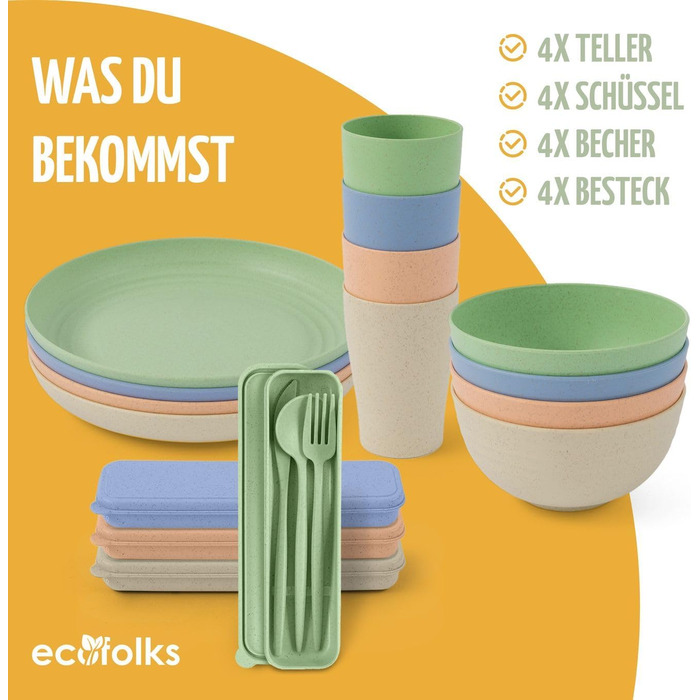 Екологічний набір посуду для кемпінгу 100 перероблений матеріал Багаторазовий, барвистий, для автодому, пікніка, активного відпочинку та дітей