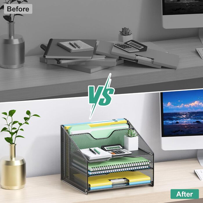 Настільний органайзер OUTWOLF з тримачем для файлів, 3-рівневий органайзер для паперів 2 вертикальні відділення, сітчастий металевий настільний органайзер для файлів A4, паперу, книг, офісного приладдя, чорний