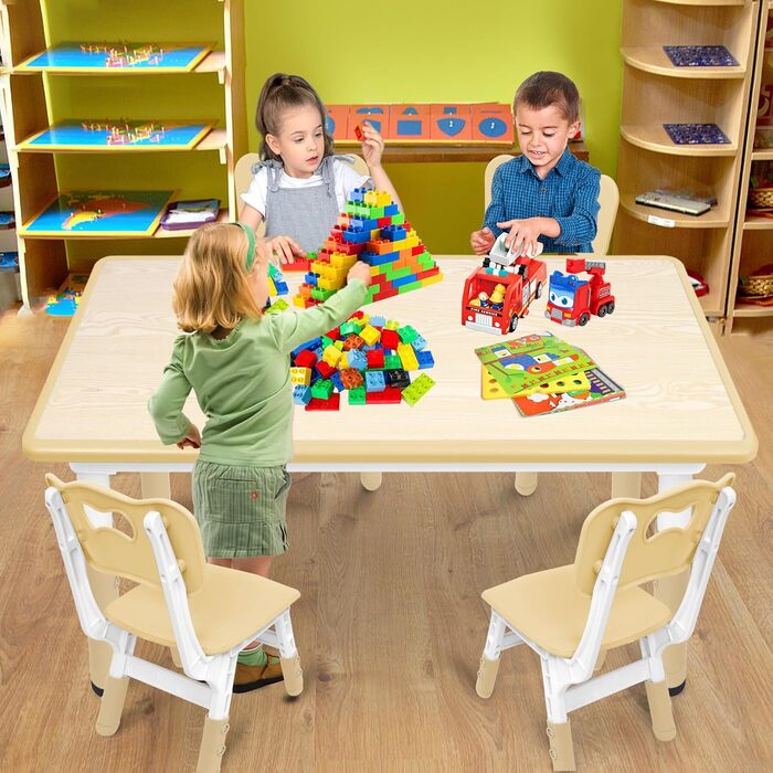 Дитячий стіл UISEBRT з 4 стільцями, Дитячий комплект сидіння з регульованою висотою для дітей від 2 років, Пластиковий комплект столів, Дитячі меблі для дитячого садка та дитячої кімнати (Колір дерева, 120 x 60 x 60 см) 120 x 60 x 60 см Колір дерева