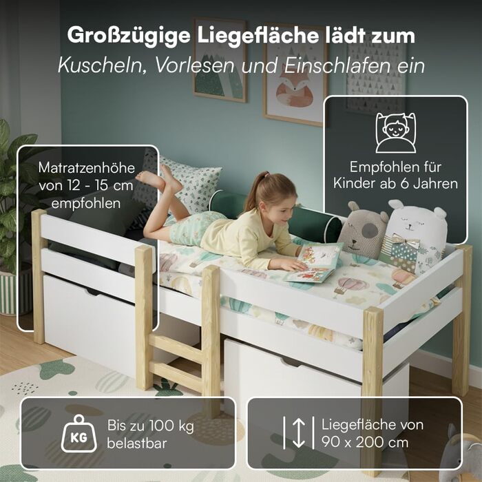 Дитяче ліжко Bellabino Aspy 90x200 см Ліжко-горище з 2 шухлядами, поручнями та рейковою основою Ліжко середнього класу з драбиною з масиву сосни білого/натурального кольору Дитяче ліжко з місцем для зберігання (матрац не входить до комплекту) Біле - з шух