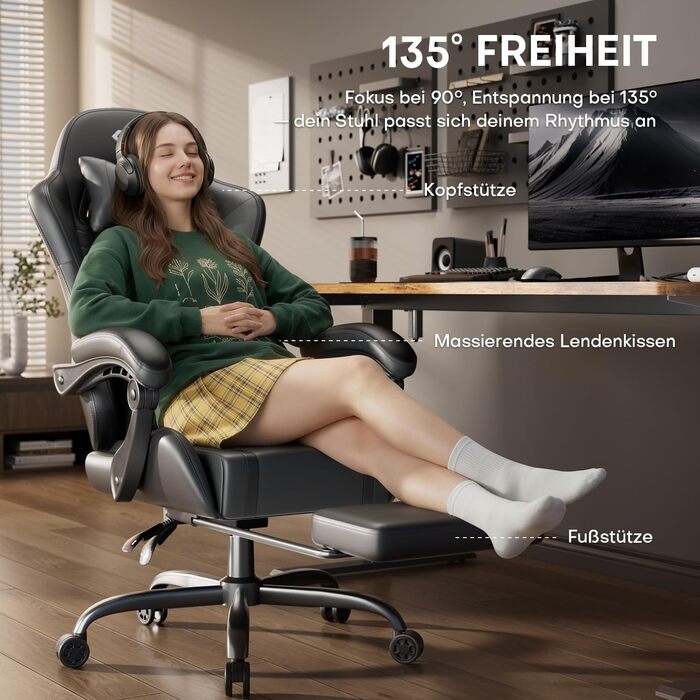 Ігрове крісло з функцією масажу, ергономічне ігрове крісло, гоночне ігрове крісло з підставкою для ніг, підголівником та масажною поперековою подушкою, м&39яке комп&39ютерне крісло, вантажопідйомність 150 кг, чорно-сіре