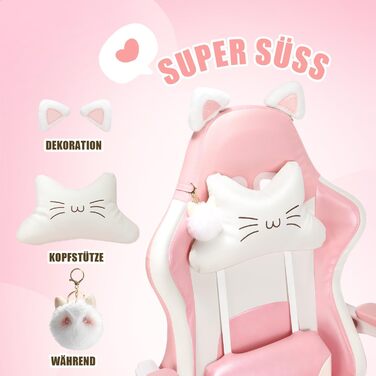 Ігрове крісло, Офісне крісло, Ігрове крісло, Ергономічне ігрове крісло з підставкою для ніг, поперековою опорою, підголівником та котячими вушками, М&39яке ігрове крісло, Обертове крісло для дівчаток 135 кг, Рожеве