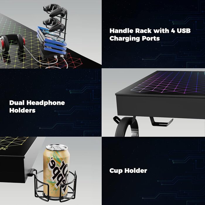 Ігровий стіл EUREKA ERGONOMIC з RGB-підсвічуванням 110 см, скляний ігровий комп&39ютерний стіл з музичним реактивним RGB-світлодіодним підсвічуванням через додаток, 110 x 60 см