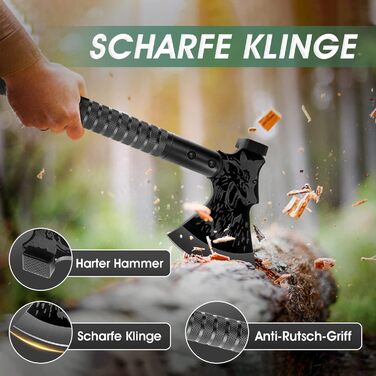 Тактичний сокира-мультитул Japaknives Survival Axt 10 в 1 сокира для розколювання дров, кемпінговий сокира з лезом, компасом та ножем для виживання. Подарунковий набір чорних сокир для кемпінгу, полювання та саду.