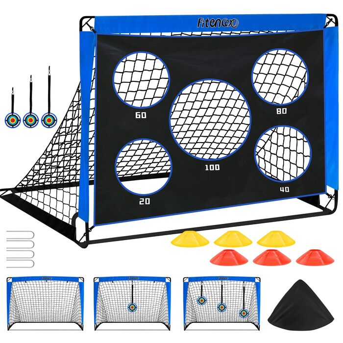 Футбольні ворота, стіна-мішень для дітей, вуличні футбольні ворота для дітей зі стіною-мішенню, висувні ворота 3-в-1 з 5 лунками для стрільби та сумкою для перенесення, кілки для землі, 3 мішені та 6 перешкод, сині