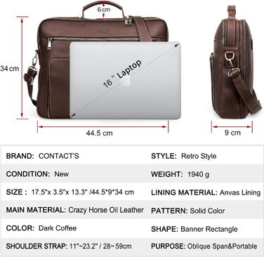 Контакти Шкіряний портфель для чоловіків, 16-дюймовий ноутбук сумка для офісу, шкіряний месенджер з ремінцем для візка, ПК портати