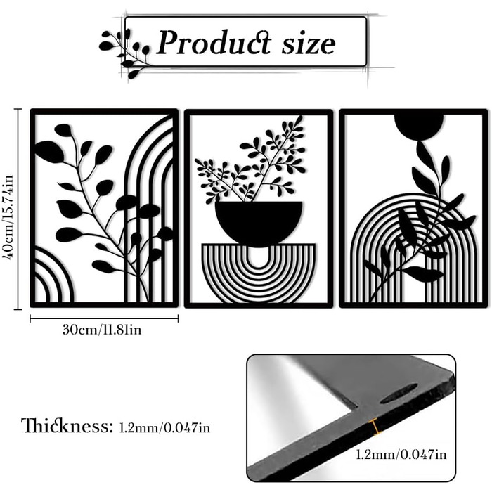Панелі Сучасний геометричний металевий настінний декор Настінний декор Металевий чорний настінний декор Настінне мистецтво для вітальні Для дому, спальні, вітальні (30x40 см), 3