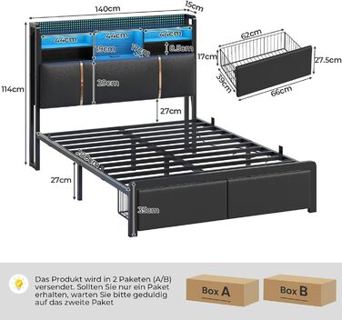 Ліжко 140x200 см, м&39яке ліжко зі світлодіодним підсвічуванням, металевий каркас ліжка, каркас ліжка з 2 шухлядами, узголів&39я з полицею та місцем для зберігання речей, розетка, двоспальне ліжко з рейковою основою, для спальні, PU чорного кольору