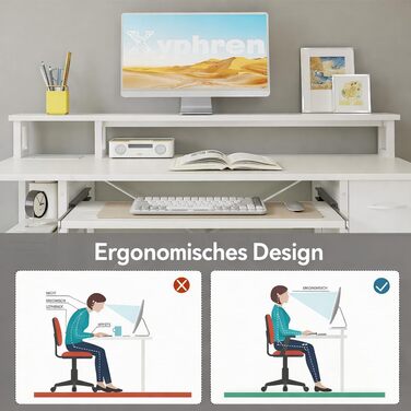 Письмовий стіл з 2 шухлядами, 120 x 50 см, комп&39ютерний/ігровий стіл з підставкою для клавіатури, регульованою по висоті бічною полицею, підставкою для монітора та розеткою для домашнього офісу та вітальні, білий, 120 x 50 см