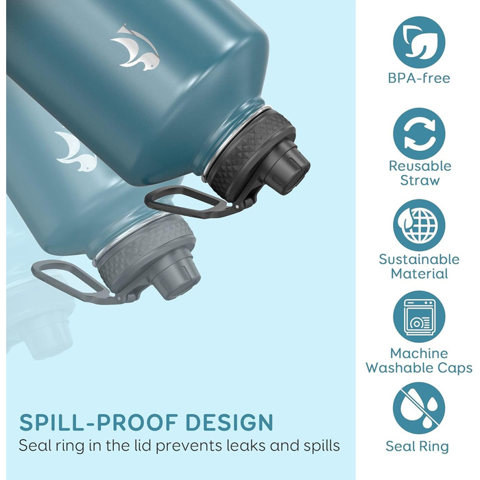 Пляшка для води Coolflask, ізольована, з соломинкою та 3 кришками, велика вакуумна пляшка з нержавіючої сталі, широкий отвір для с