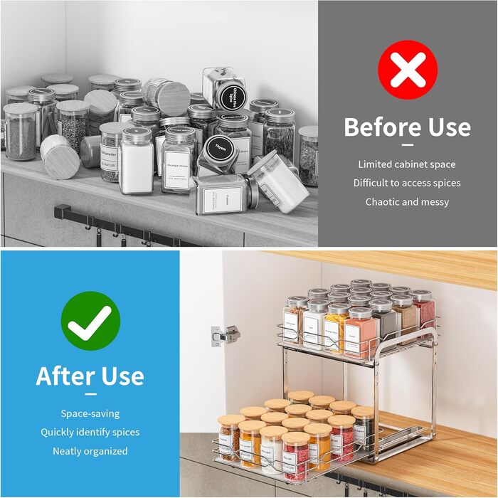 Висувна полиця для спецій, 2 рівні, нержавіючий органайзер для полиць для спецій, верхній та нижній кошики можна висувати окремо, регульована висота для шафи, Ш23,8*Г26,4*В24 см