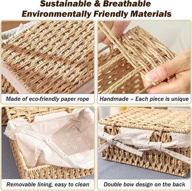 Набір із 3 кошиків для зберігання з кришками плетені кошики з паперової мотузки, 3 розміри, з підкладкою, кошики в стилі бохо для ванної кімнати, іграшок, вітальні та спальні.