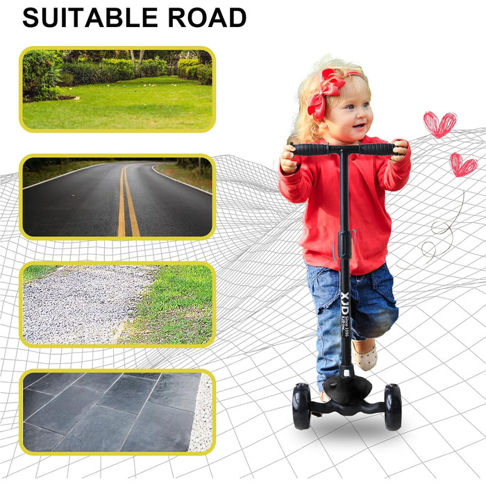 Дитячий самокат XJD для 2-8 років, дитячий самокат дитячий самокат з 3 світлодіодними колесами, 4 регульованими по висоті міськими