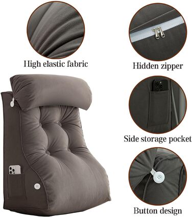 Подушка для читання з опорою для спини та клином, подушка для поперекової підтримки для читання, відпочинку та перегляду телевізора, ідеально підходить для сидіння в ліжку, сірий колір, 556030 см (без підголівника)